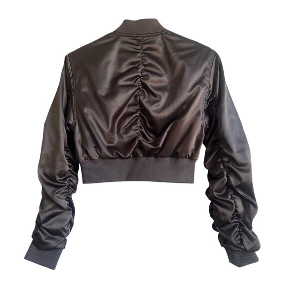 ASOS Design Super Crop Satin Bomber Jacket Ruched Charcoal Brown - Picture 6 of 10